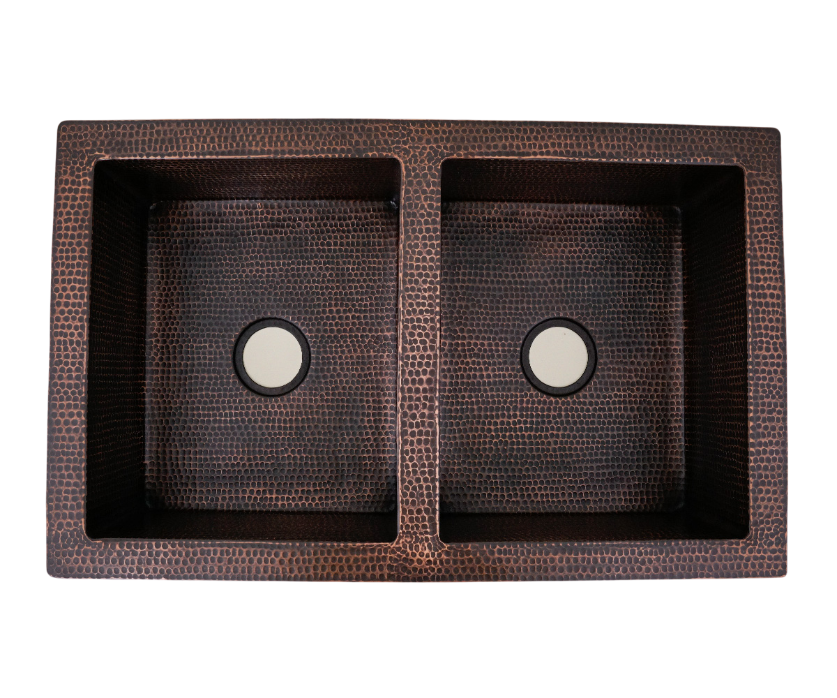 Fregadero de cocina estilo granja de cobre 50/50 