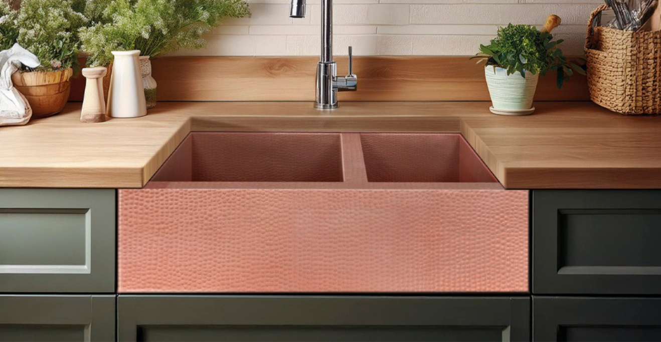 Fregadero de cocina estilo granja de cobre 50/50 